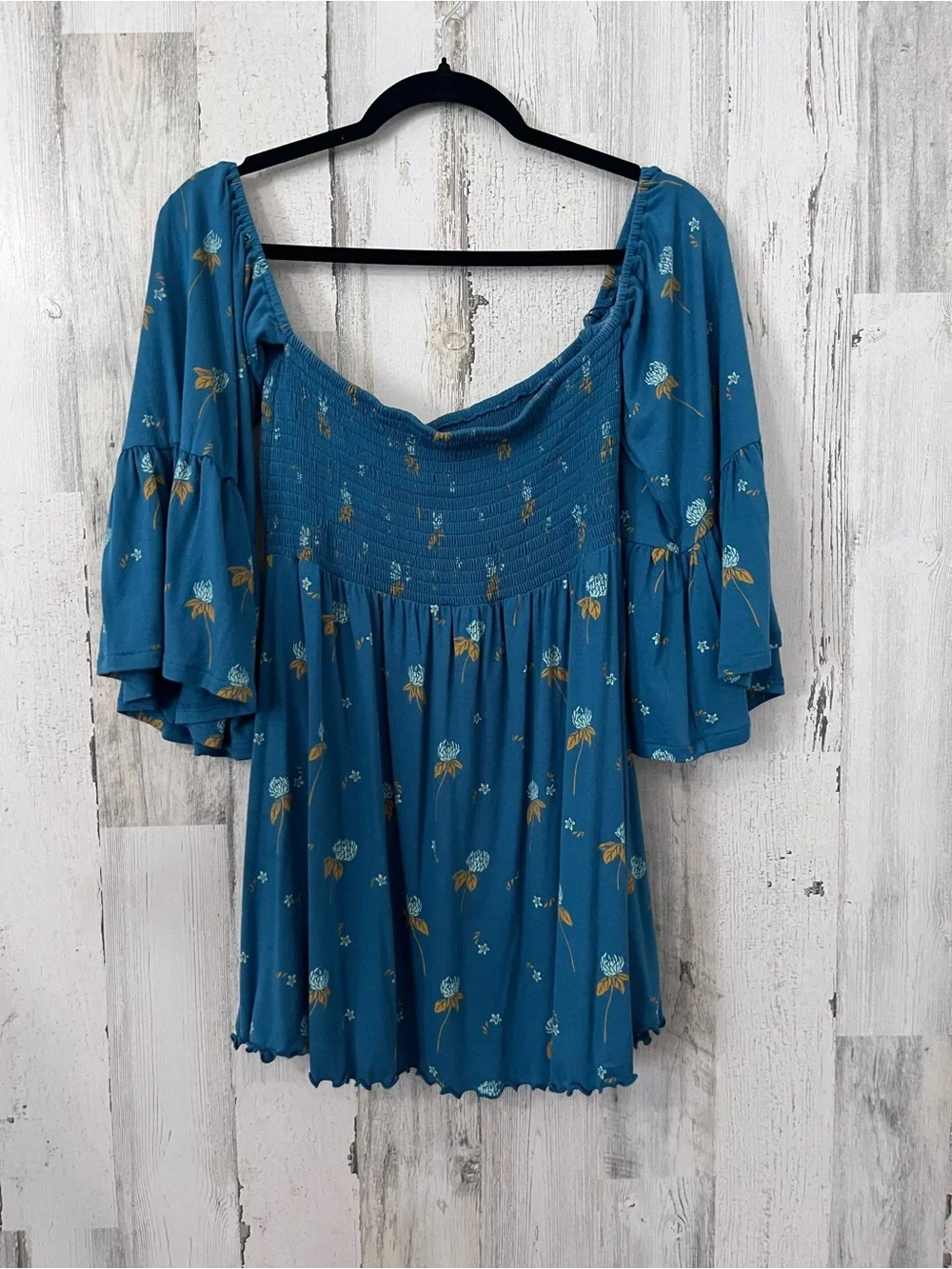 Free People Teal Blue Floral Off-Shoulder Tunic Small